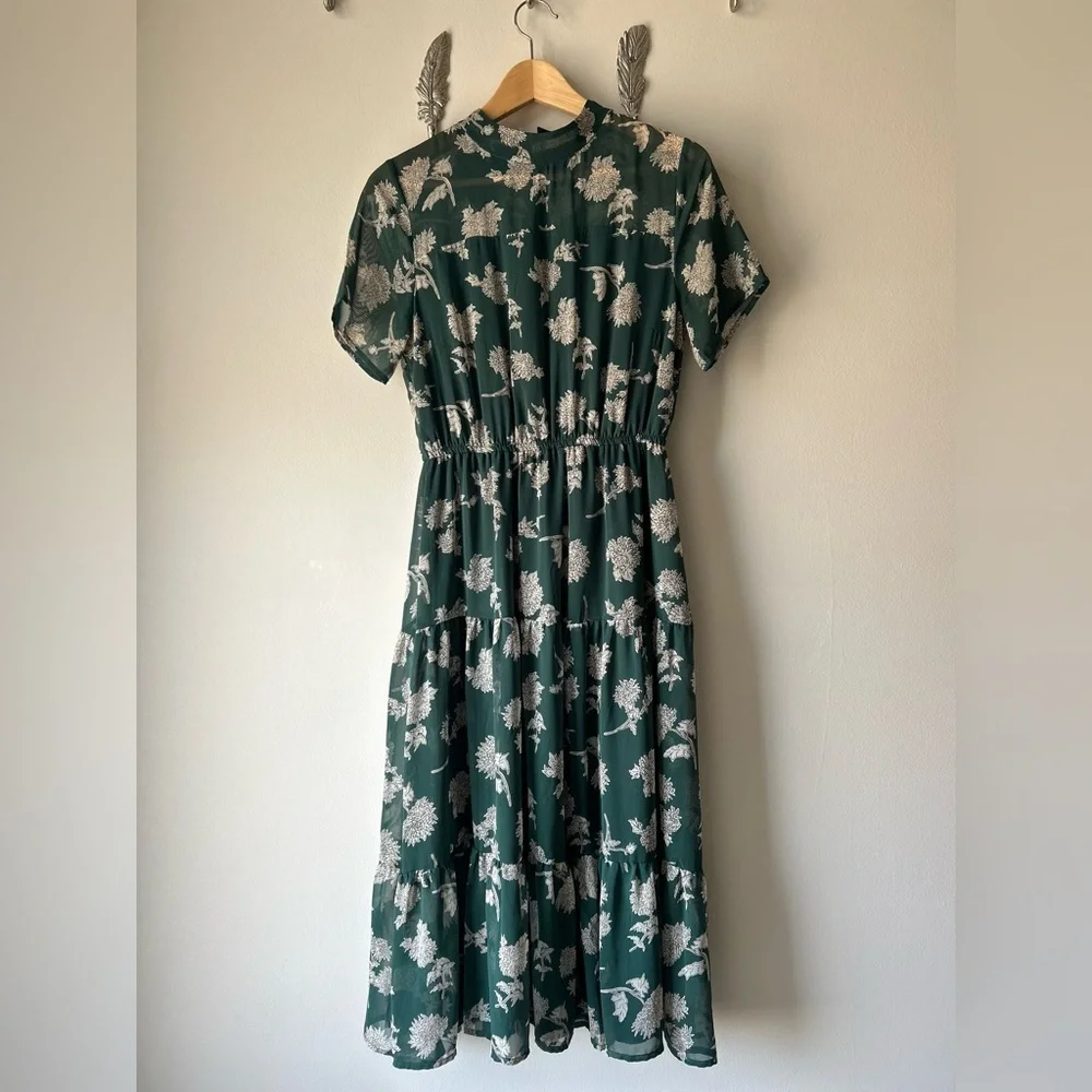 LULU’S Green White Floral Midi Dress | Sheer Sleeve | Mock Neck | Fit Flowy Glam - Picture 3 of 12